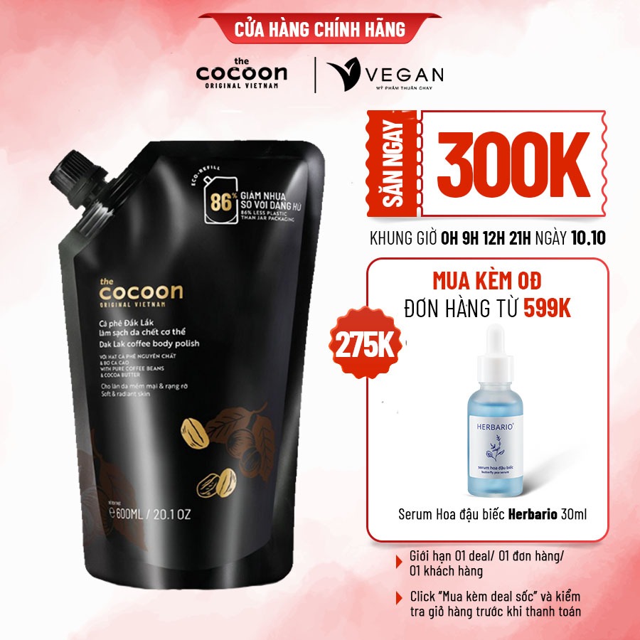 Big size Cà phê Đắk Lắk làm sạch da chết cơ thể cocoon 600ml thuần chay