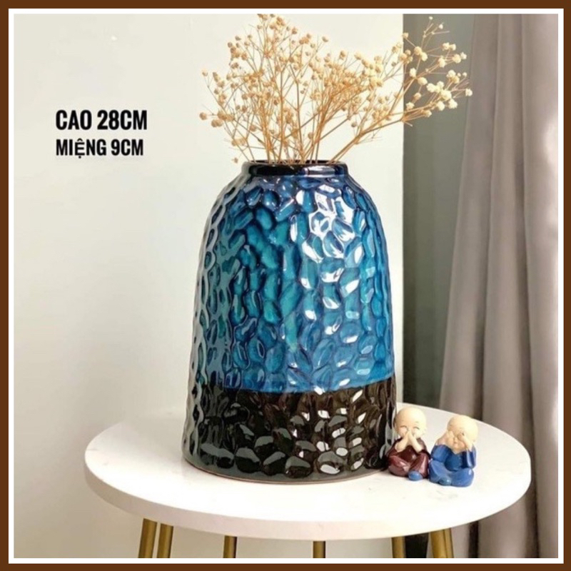 Bình cắm hoa gốm sứ dáng chuông, decor để bàn, màu xanh hoả biến, cao 28cm