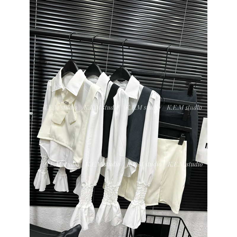 Áo sơ mi gile kèm chân váy chữ A 3 màu hàng L1 chuẩn form