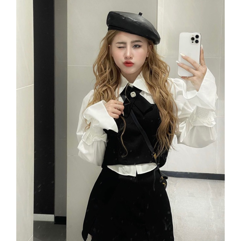 Áo sơ mi gile kèm chân váy chữ A 3 màu hàng L1 chuẩn form