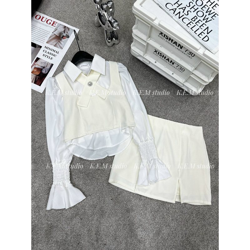 Áo sơ mi gile kèm chân váy chữ A 3 màu hàng L1 chuẩn form