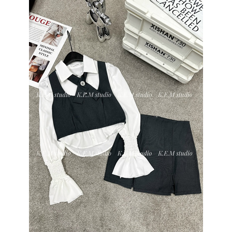 Áo sơ mi gile kèm chân váy chữ A 3 màu hàng L1 chuẩn form