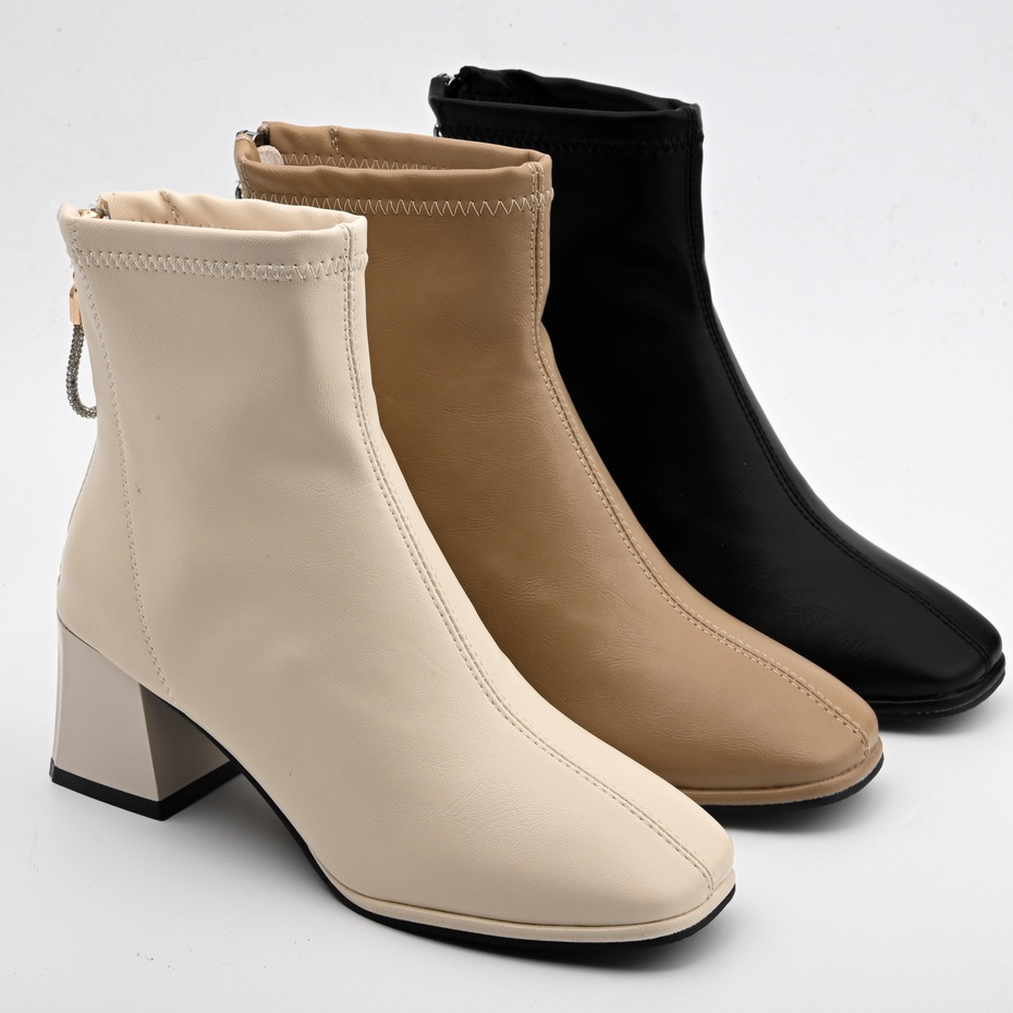 Giày Boot Nữ Cổ Lửng da mềm đế vuông 5cm  Mymy shoes mũi vuông khóa sau dây đá  boot nữ A83