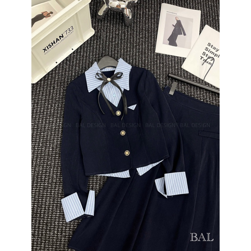 Áo sơ mi gile kèm chân váy chữ A hàng L1