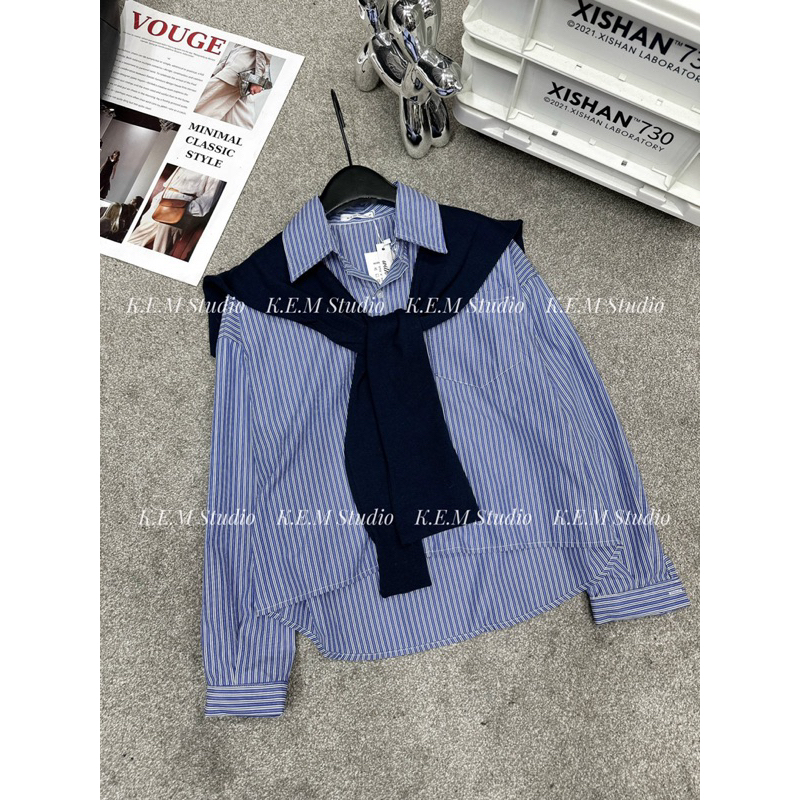 Áo sơ mi kẻ xanh kèm khăn cổ hàng L1