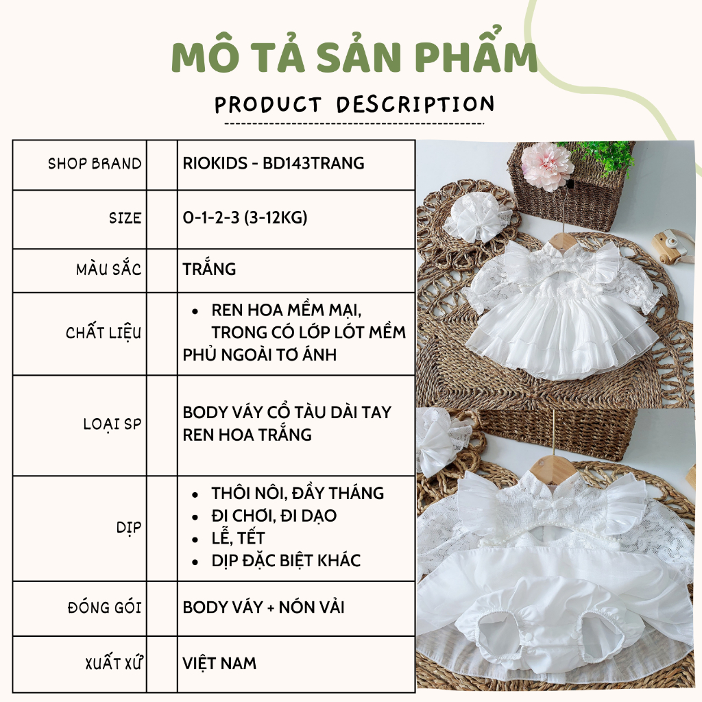 Body váy ren trắng cổ tàu RIOKIDS cho bé gái sơ sinh đi chơi BD143