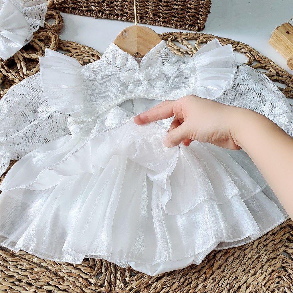 Body váy ren trắng cổ tàu RIOKIDS cho bé gái sơ sinh đi chơi BD143