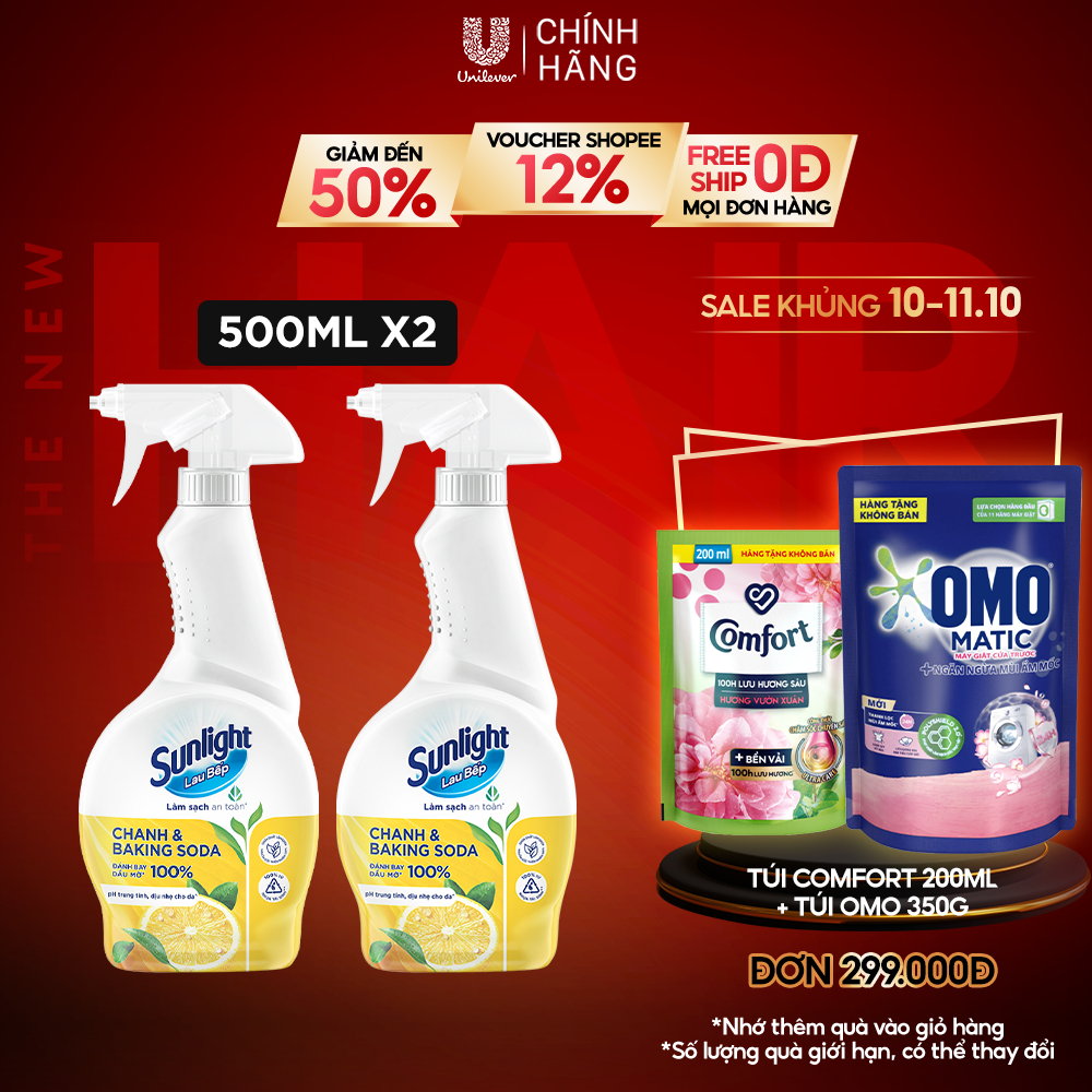 Combo 2 Nước lau bếp Sunlight Chanh & Baking soda|Phiên bản nâng cấp từ Cif|Đánh bay 100% dầu mỡ|Chai 500ml