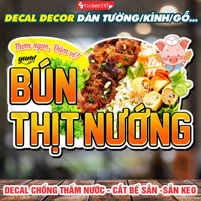 Tranh Dán Tường Bún Thịt Nướng 🌈 Decal Dán Tường Trang Trí Quán Bún - Sticker Bún Thịt Nướng Chống Nước
