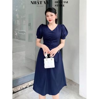 Đầm đi chơi Nhật Vy tay ngắn cổ v nhún ngực eo cách điệu  chất cotton ý phù hợp công sở dạo phố - D2569