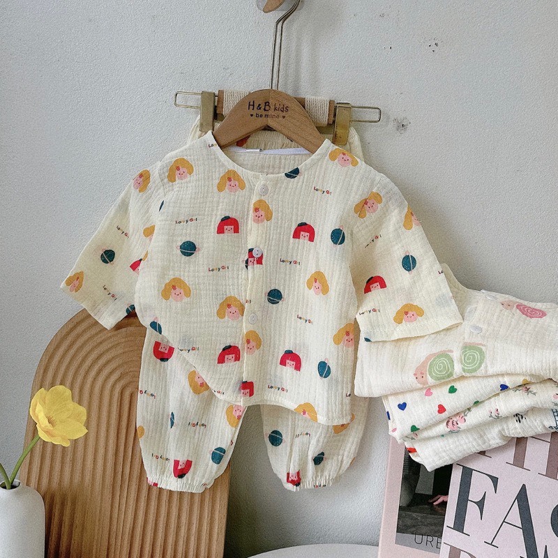 Bộ xô Muslin tay lỡ họa tiết đáng yêu cho bé, Bộ xô Muslin cho bé trai bé gái