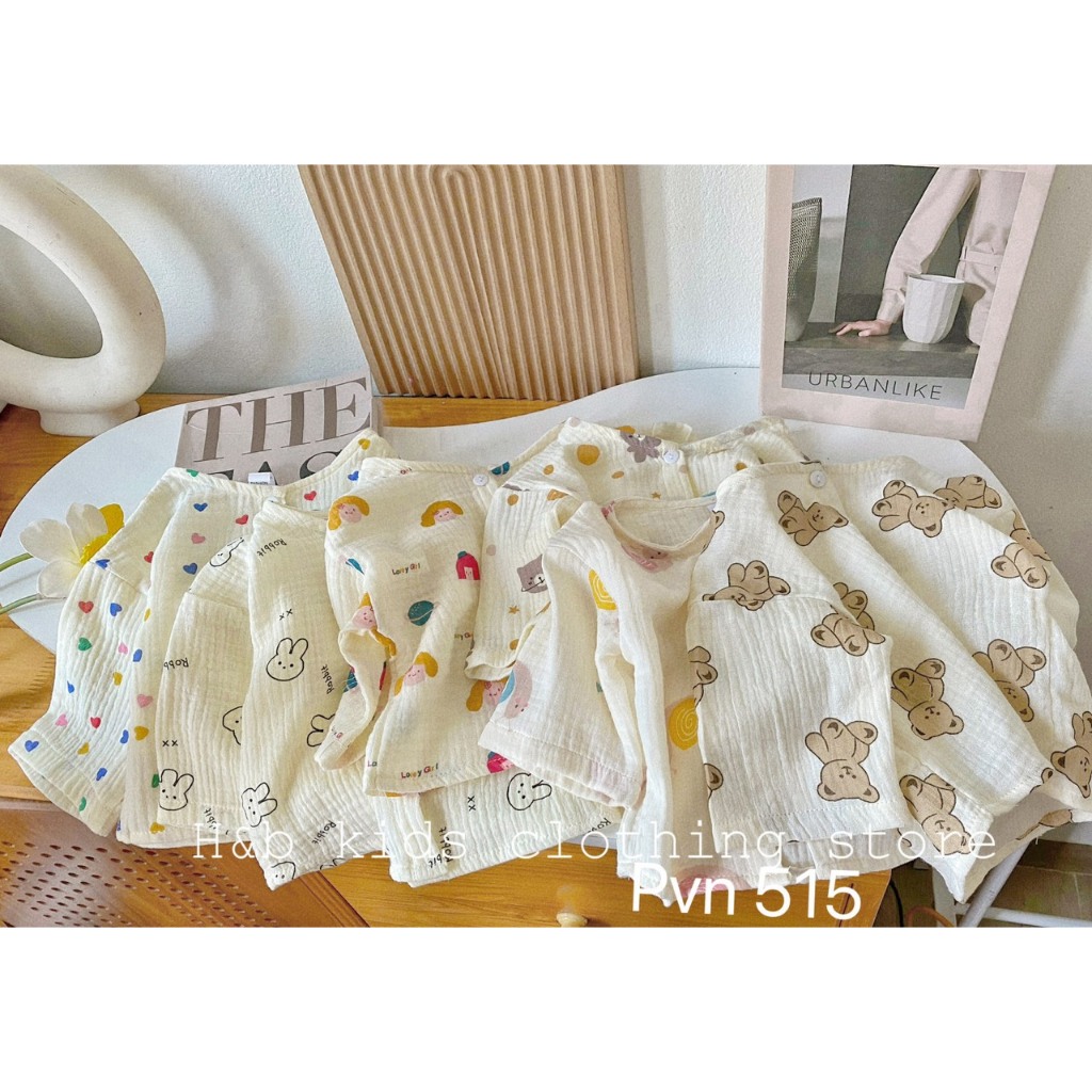 Bộ xô Muslin tay lỡ họa tiết đáng yêu cho bé, Bộ xô Muslin cho bé trai bé gái