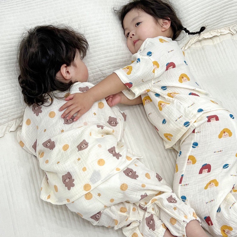 Bộ xô Muslin tay lỡ họa tiết đáng yêu cho bé, Bộ xô Muslin cho bé trai bé gái