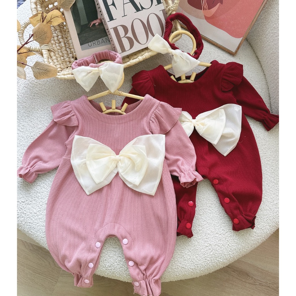 Set Body nhung tăm kèm turban cho bé, Body nhung tăm cho bé gái