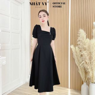 Váy Đi Tiệc NHẬT VY Nhún Ngực Cổ Vuông Tay Phồng Dáng Xoè Chất Cotton Màu Đen , Xanh , Đỏ - D2408