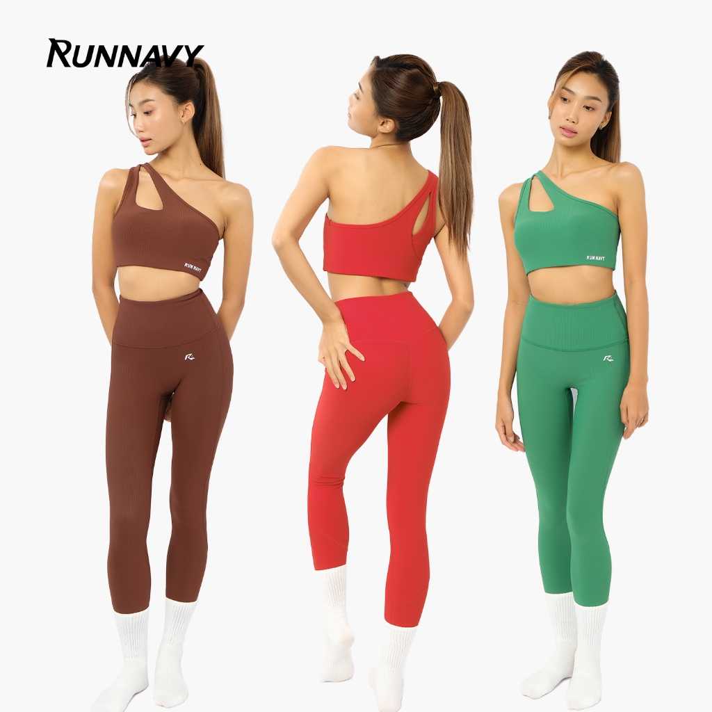 Set đồ tập gym yoga nữ Lệch vai Luxury Ecofriend, áo bra quần legging cạp cao Run Navy 76-69