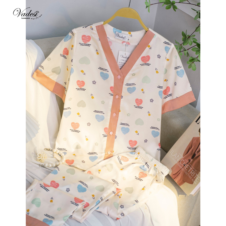 Đồ Ngủ Pijama Nữ VADESI Bộ Dài Cộc Cổ Y Tim Lụa Cao Cấp Mặc Nhà Đẹp Mùa Hè Thoáng Mát Mềm Mịn Thấm Hút Nhiều Màu Đẹp