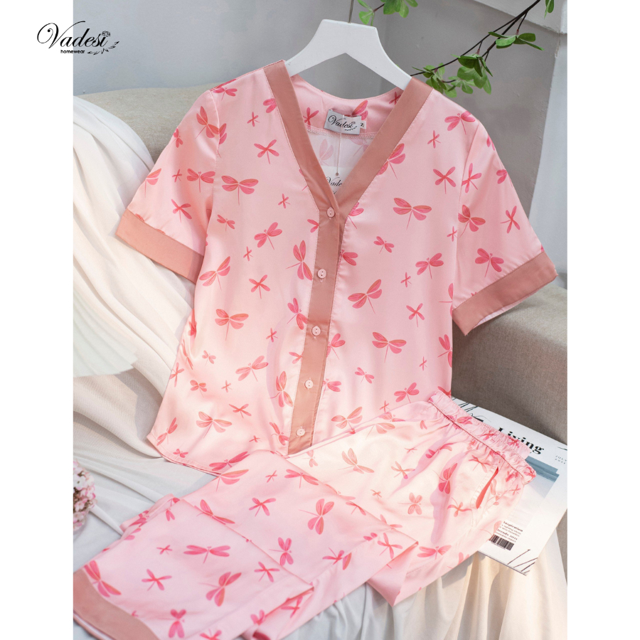 Đồ Ngủ Pijama Nữ VADESI Bộ Dài Cộc Cổ Y Lụa Cao Cấp Mặc Nhà Đẹp Mùa Hè Thoáng Mát Mềm Mịn Thấm Hút Nhiều Màu Đẹp