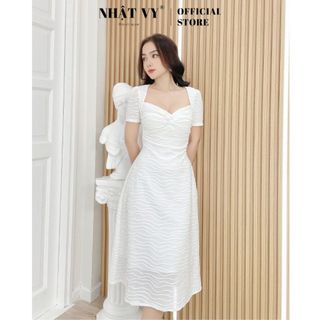 Váy Đi Tiệc NHẬT VY Tay Ngắn Dáng Ôm Xoắn Ngực Chất Vải Xốp Thun Nhập Màu Nude, Trắng, Đen - D2384