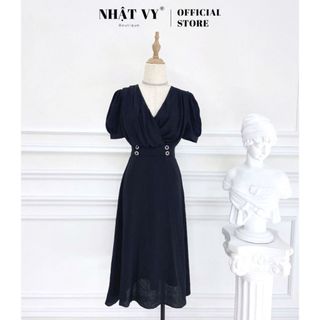 Váy Đi Chơi NHẬT VY Dáng Ôm Cổ V Nhún Tay Phồng Phối Cúc Chất Tơ Xốp Màu Đỏ, Vàng, Trắng, Đen - D2437