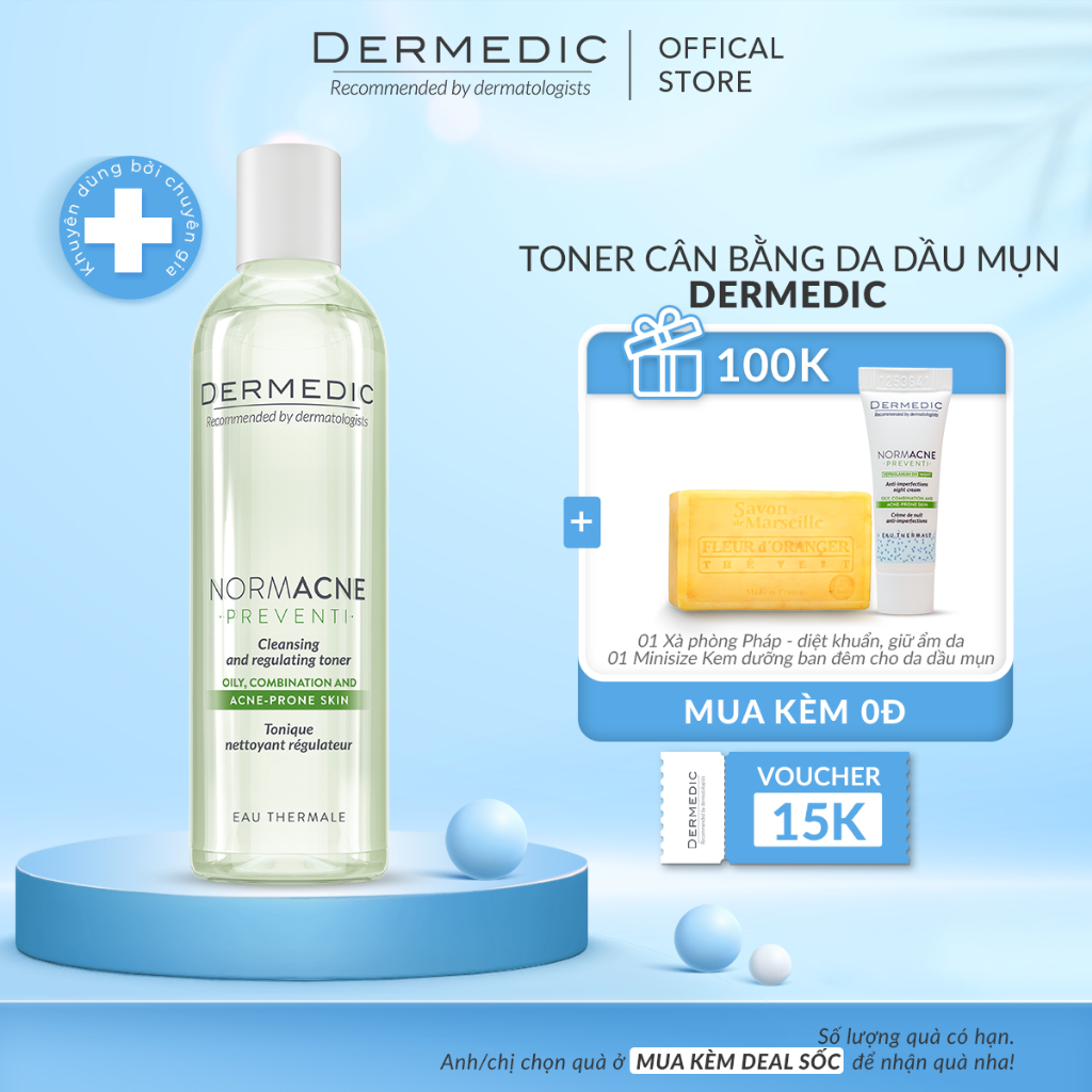 Toner Cân Bằng Da Dầu Mụn Nhạy Cảm Dermedic Normacne Cleansing And Regulating Skin 200ml - Se Khít Lỗ Chân Lông To