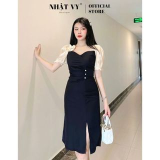 Đầm dự tiệc Nhật Vy cổ tim tay bo thun phối nơ nhún eo đính hạt dáng ôm xẻ tà chất lụa phù hợp công sở đi chơi - D2635