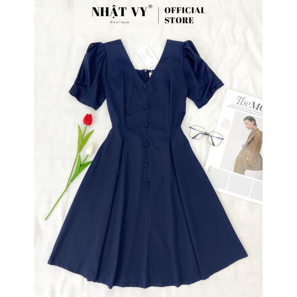Đầm dự tiệc Nhật Vy cổ V chiết eo dáng xoè tay kiểu chất cotton phù hợp đi chơi dạo phố hẹn hò - D2560