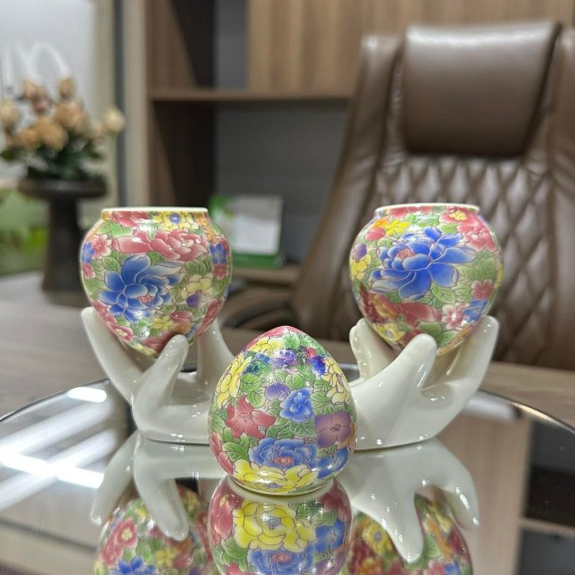 Cóng sứ chim Họa mi, Khướu  hàng Bát Tràng mẫu bách hoa  gắn sẵn tai