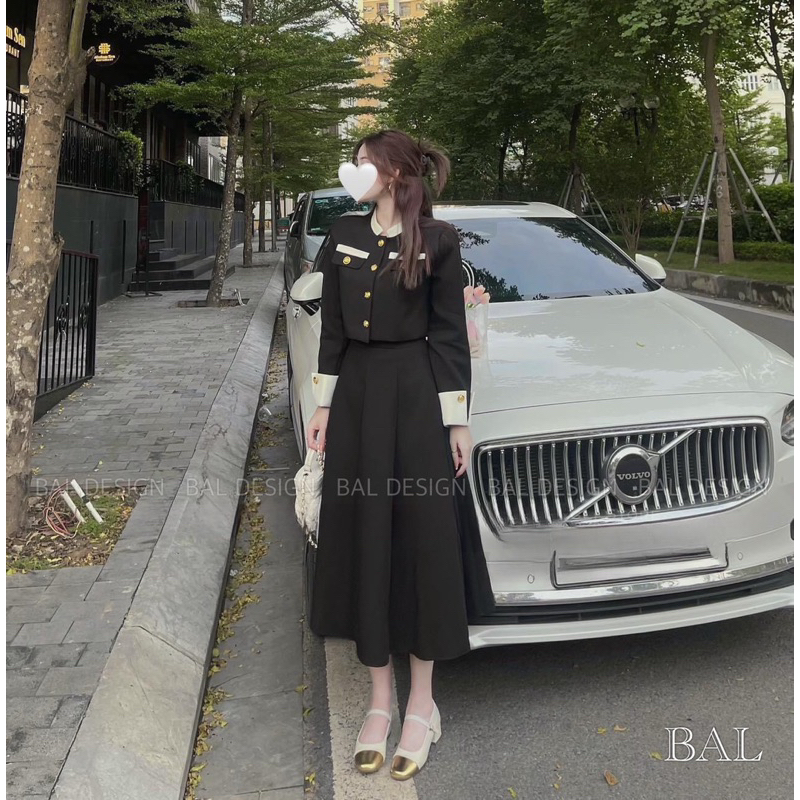 Áo dạ kèm chân váy chữ A hàng L1 đen/trắng