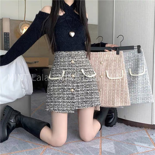 Chân váy dạ tweed đen, hồng, xanh vạt lệch cúc sang trọng