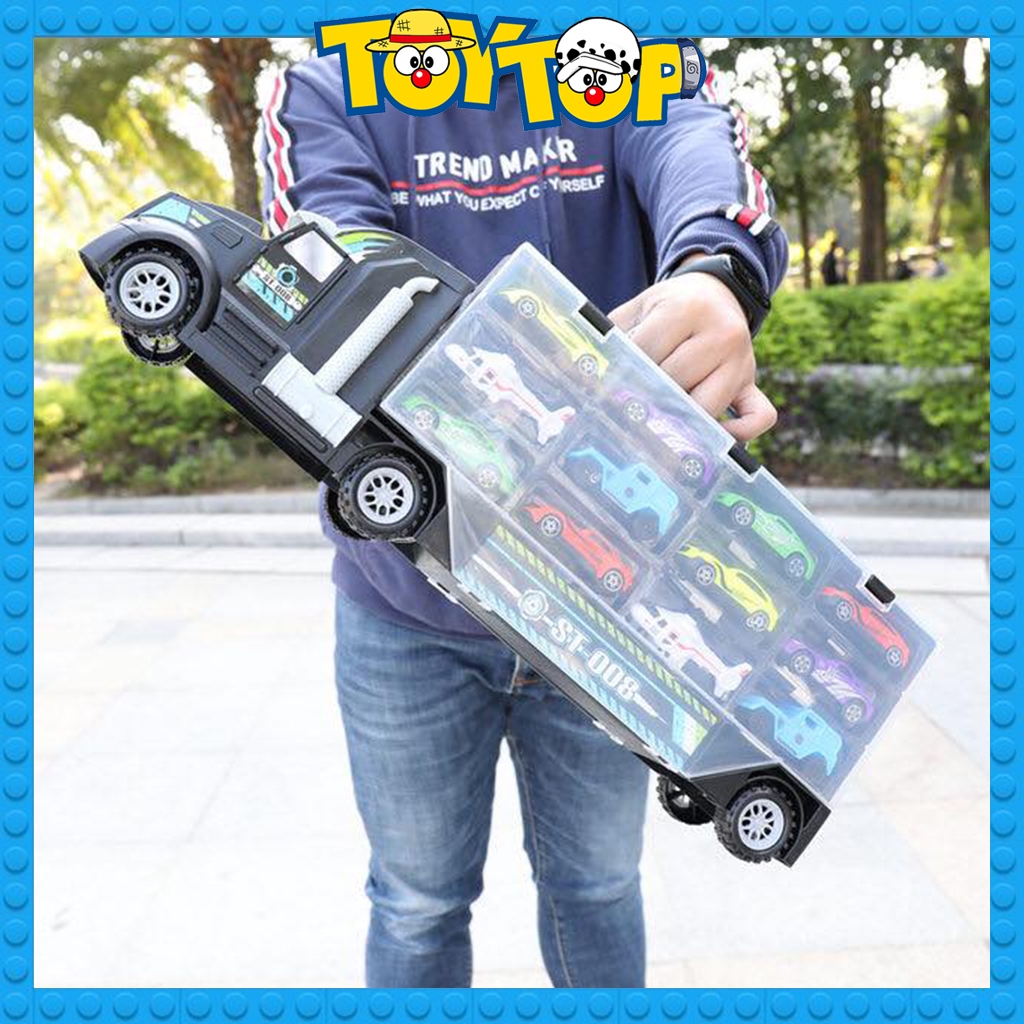 Đồ chơi xe tải cỡ lớn 49cm chở xe con nhiều ngăn trưng bày oto kèm 12 phương tiện ô tô mini mô hình P858-A