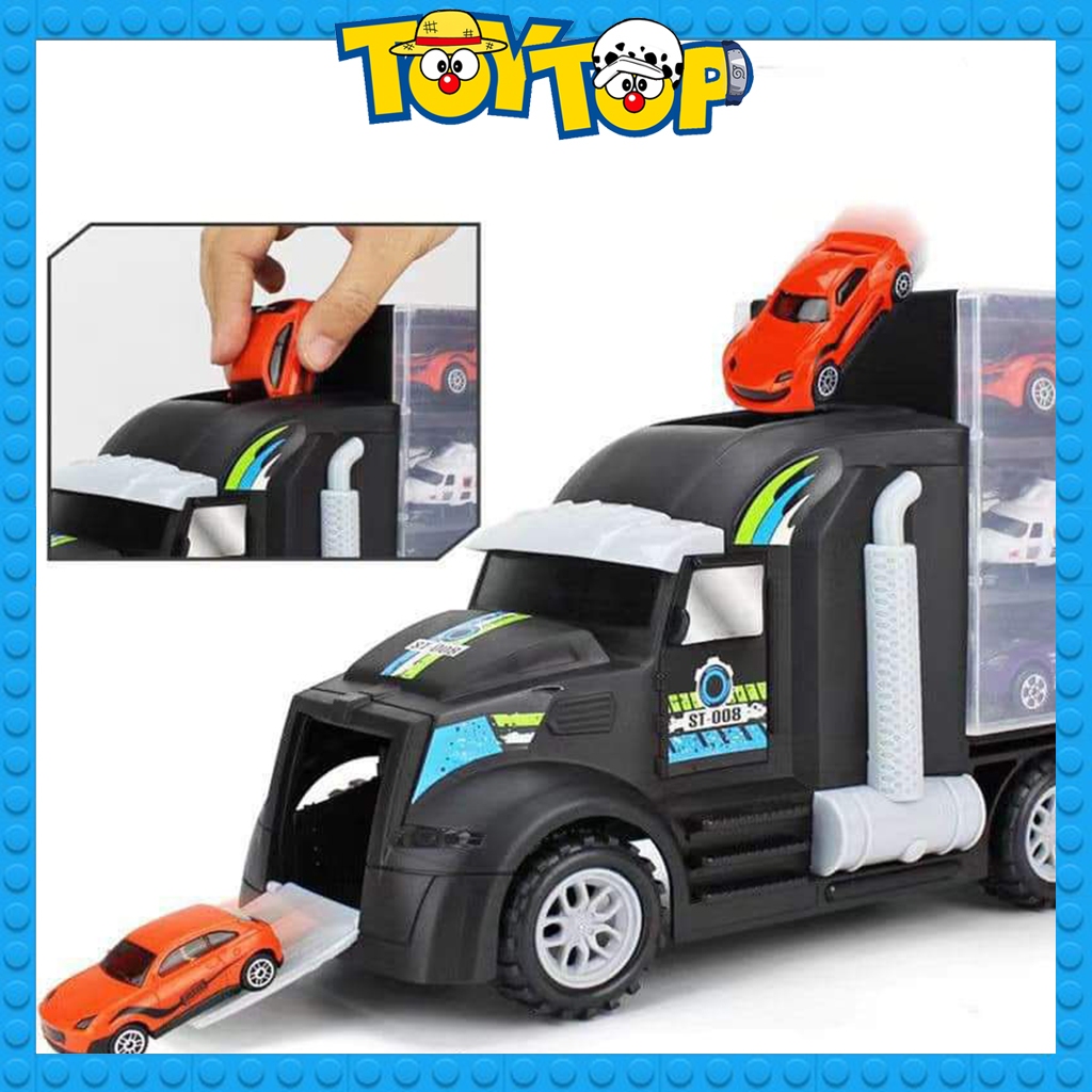 Đồ chơi xe tải cỡ lớn 49cm chở xe con nhiều ngăn trưng bày oto kèm 12 phương tiện ô tô mini mô hình P858-A