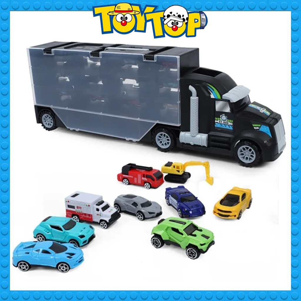 Đồ chơi xe tải cỡ lớn 49cm chở xe con nhiều ngăn trưng bày oto kèm 12 phương tiện ô tô mini mô hình P858-A