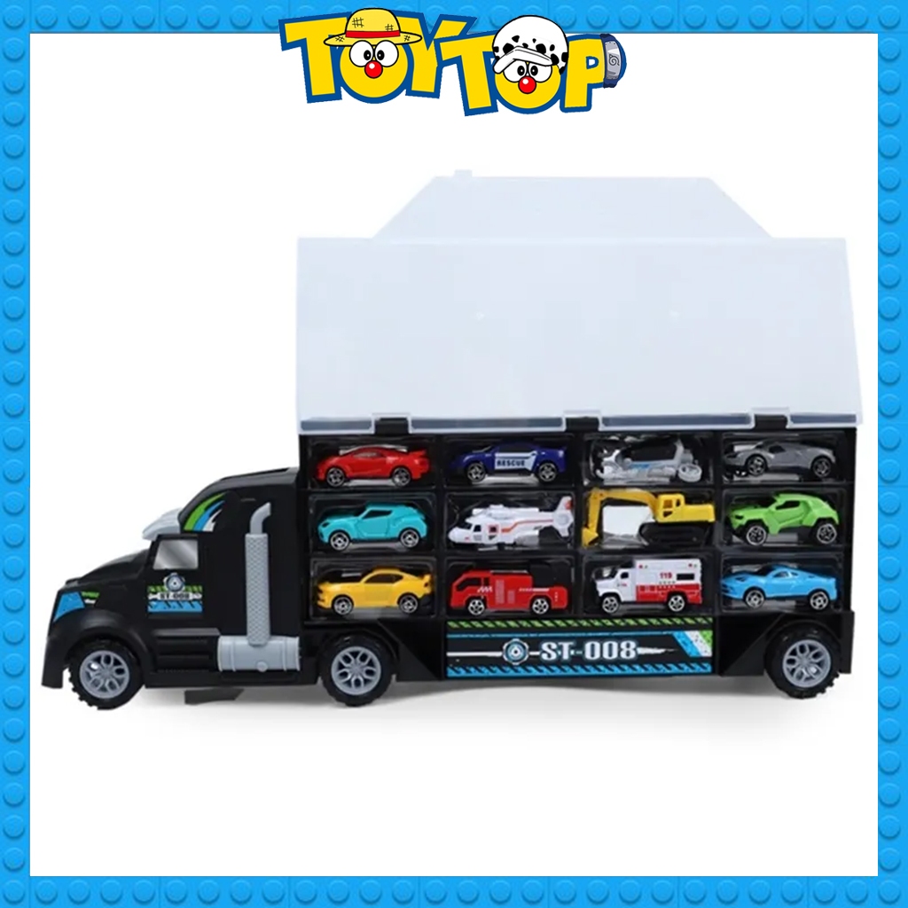 Đồ chơi xe tải cỡ lớn 49cm chở xe con nhiều ngăn trưng bày oto kèm 12 phương tiện ô tô mini mô hình P858-A