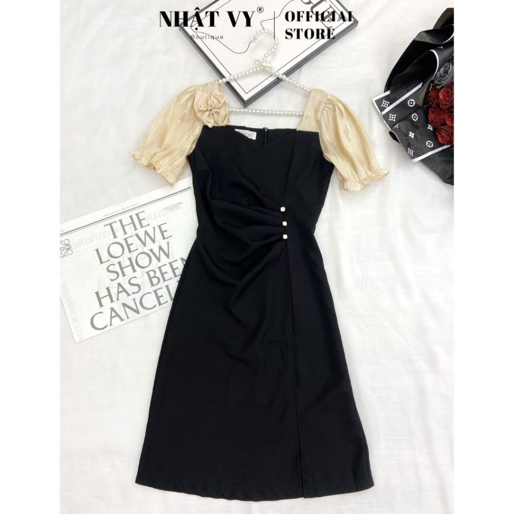 Đầm dự tiệc Nhật Vy cổ tim tay bo thun phối nơ nhún eo đính hạt dáng ôm xẻ tà chất lụa phù hợp công sở đi chơi - D2635