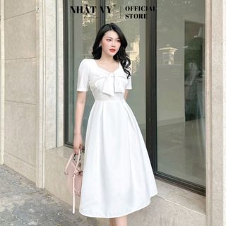 Đầm dự tiệc Nhật Vy tay ngắn cổ vuông phối nơ thắt ngực chất cotton phù hợp đi chơi , công sở sang trọng - D2451