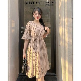 Đầm Đi Chơi NHẬT VY Chấm Bi Cổ Chữ V Tay Lửng Bèo Có Dây Thắt Eo Chất Mango Màu Xanh Đen, Nude - D2372