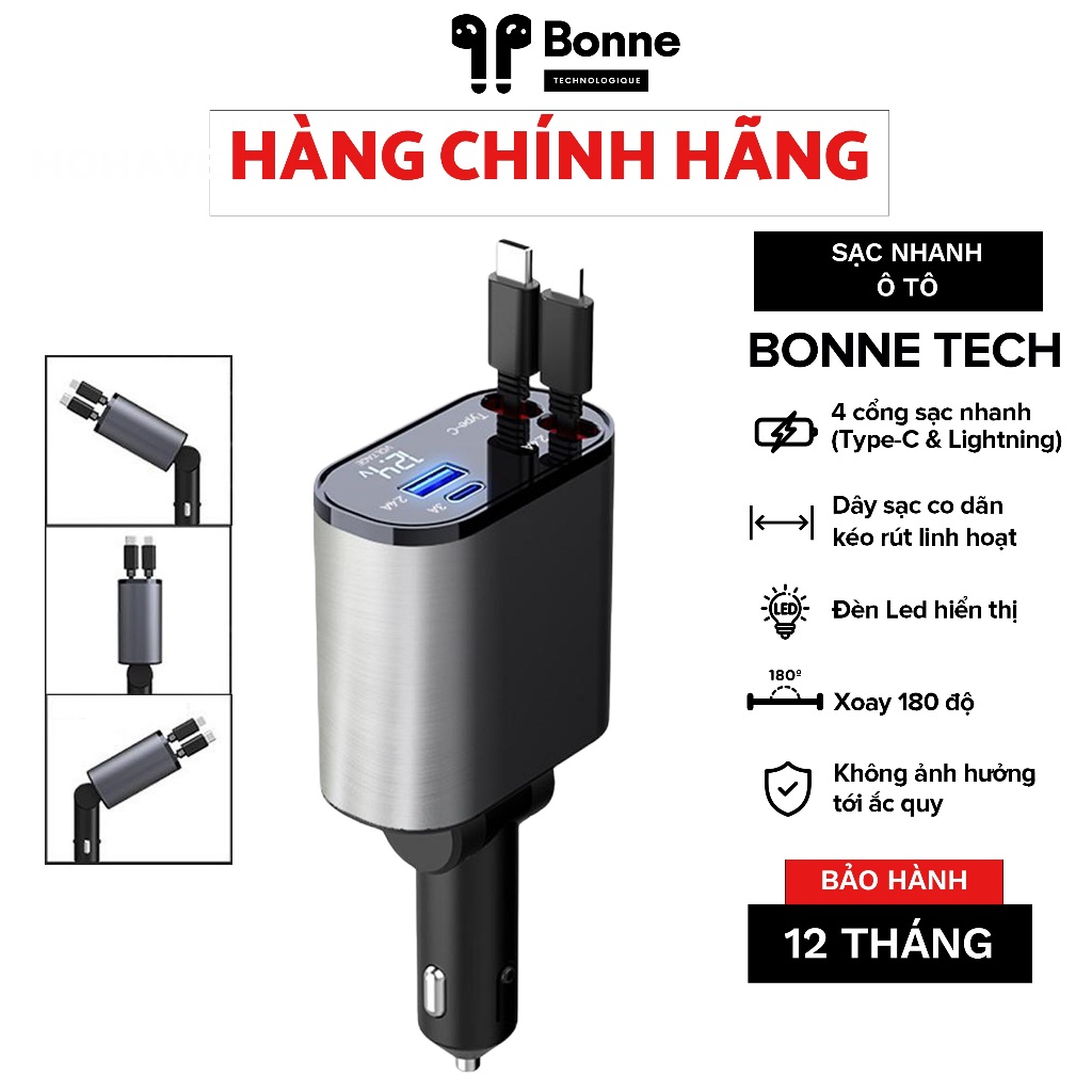 BỘ SẠC NHANH Ô TÔ 4 IN 1 SẠC NHANH 100W by BONNE TECH, Tẩu sạc ô tô đa chức năng trên xe ô tô, 4 đầu vào , sạc nhanh PD