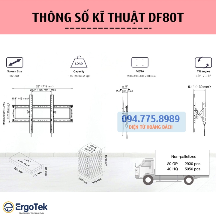 Giá Treo Tivi Gật Gù NB DF80T 65 - 90 Inch - Khung Treo Tivi Điều Chỉnh Góc Nghiêng