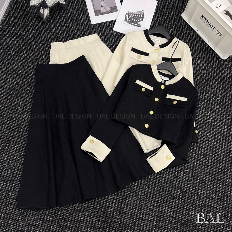 Áo dạ kèm chân váy chữ A hàng L1 đen/trắng