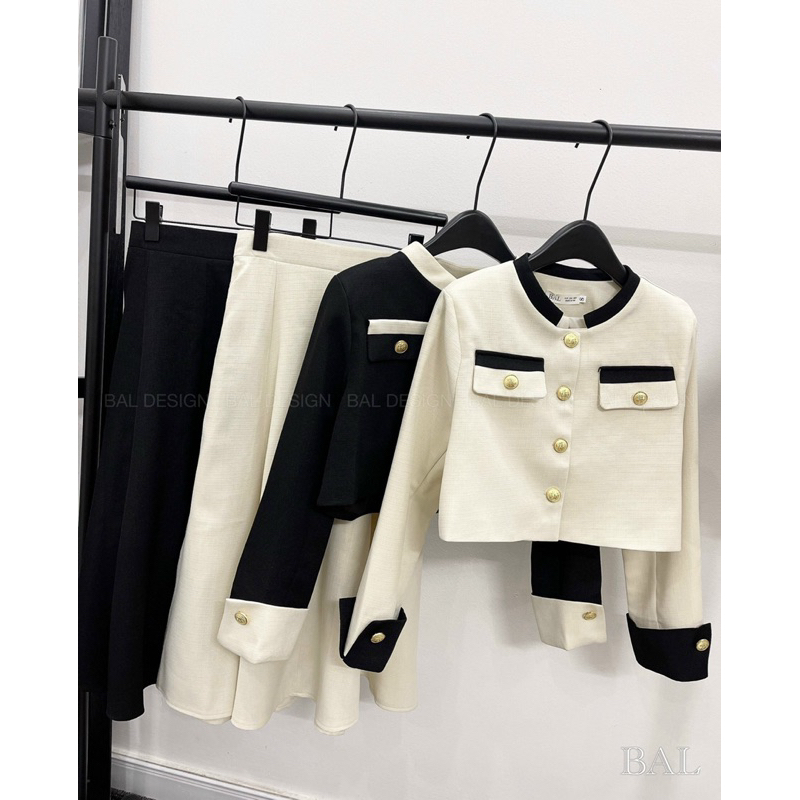 Áo dạ kèm chân váy chữ A hàng L1 đen/trắng