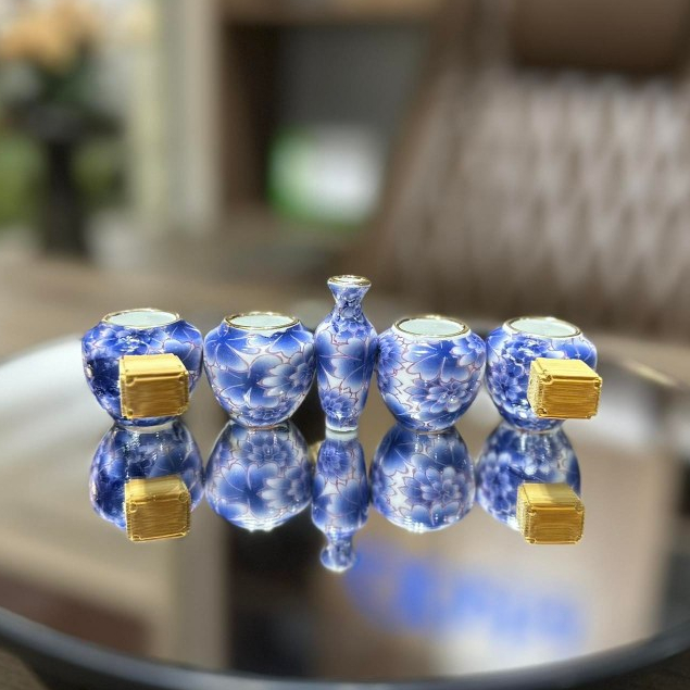 Cóng sứ chim khuyên,hút mật hàng Bát Tràng mẫu bách hoa xanh gắn sẵn tai 1.2