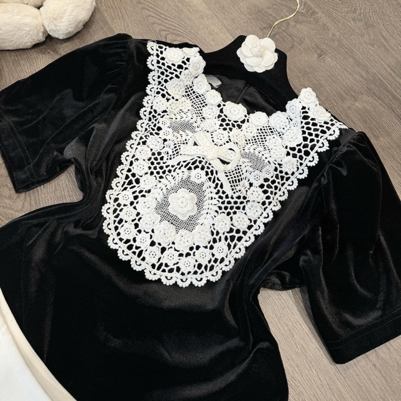 Áo nhung Cộc Tay Bigsize phối cổ ren tiểu thư