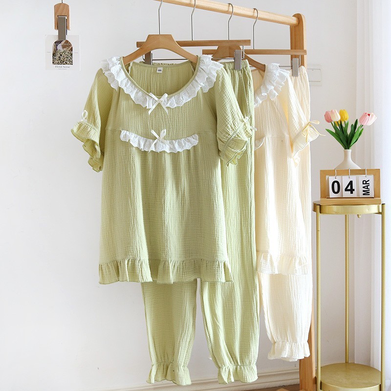 Bộ Pyjama Muslin Trơn Tay Ngắn ♥️ IVY507
