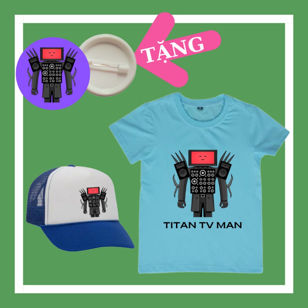 Mũ lưỡi trai trẻ em Titan TV Man, áo thun bé trai Skibidi Toilet TV Man đủ màu sắc, size áo từ 10kg đến 90kg, Huy hiệu