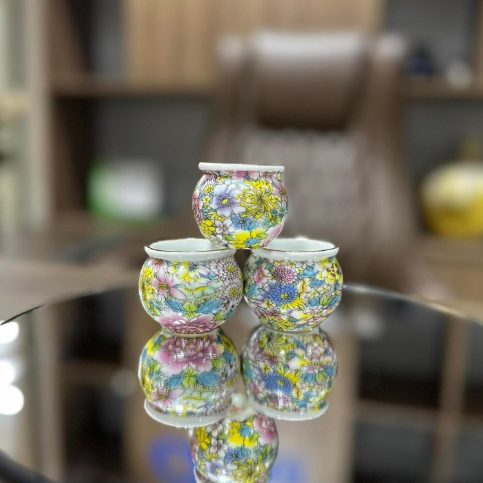 Cóng sứ chim chào mào  hàng Bát Tràng mẫu bách hoa viền kim gắn sẵn tai lồng chào mào