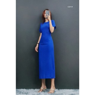 C2819 - 	đầm thun xốp cổ tròn tay ngắn