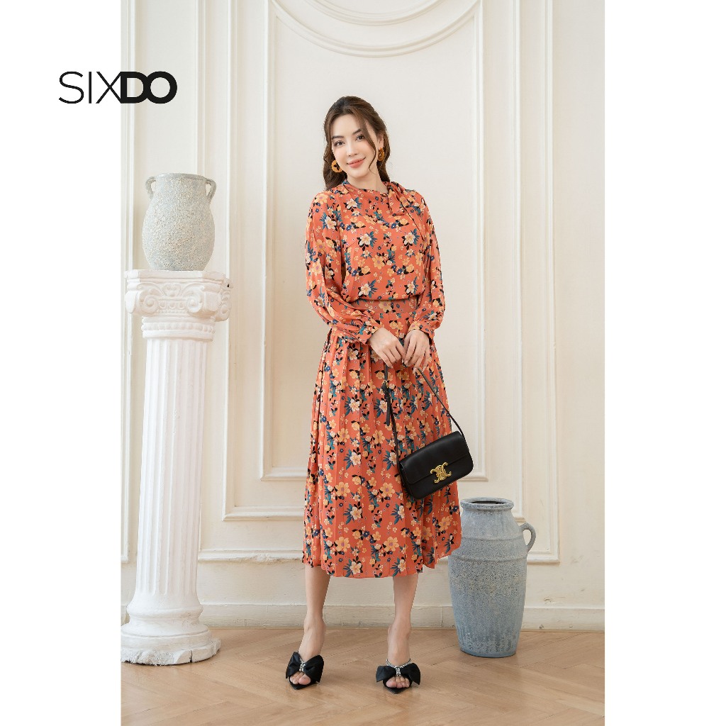 Áo sơ mi cổ nơ tay bồng họa tiết hoa thời trang SIXDO (Red Orange Floral Chiffon Top)