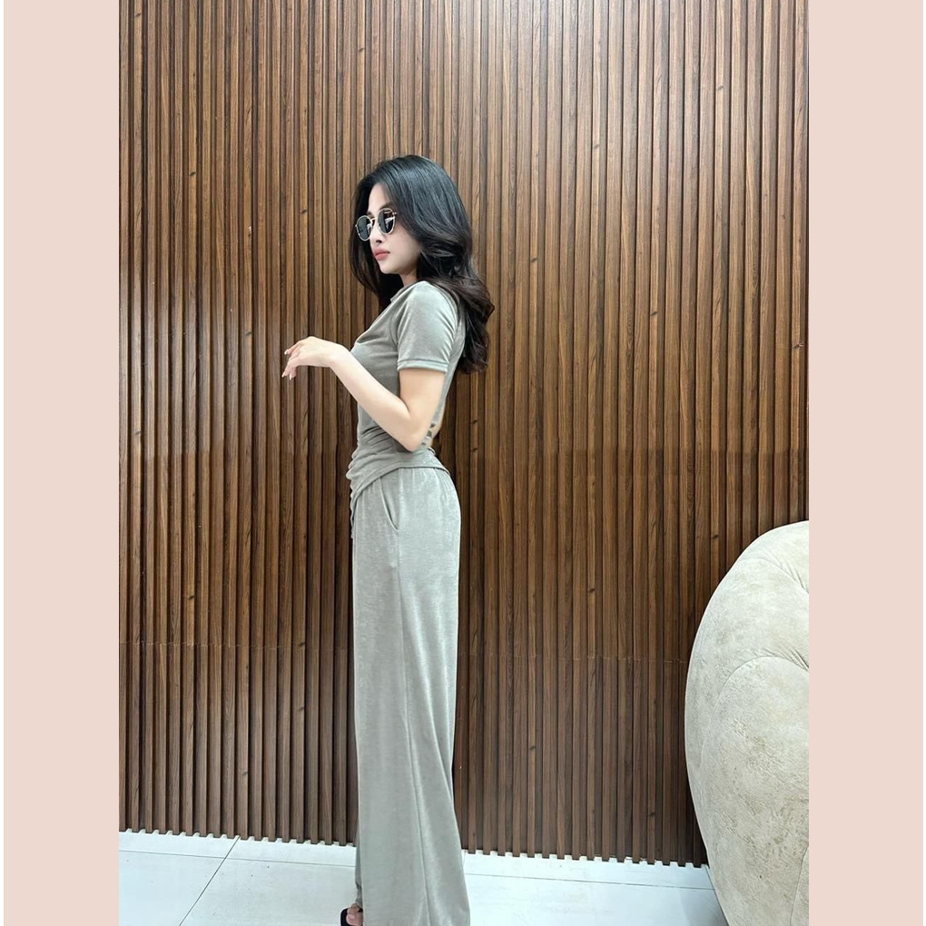 Set áo thun nữ cộc tay nhún hông mix quần ống rộng tôn dáng phong cách hàn quốc sang chảnh Meistore st11595