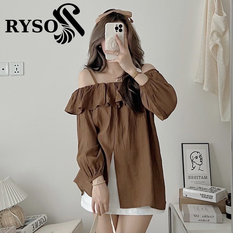 Áo kiểu trễ vai viền bèo xẻ 2 dây RYSO FASHION điều chỉnh bo tay chất đũi đẹp form xinh